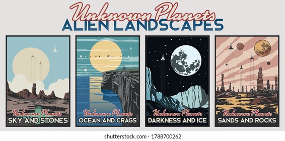 Alien Landscapes Distant Planets Retro Futuristic Space Posters