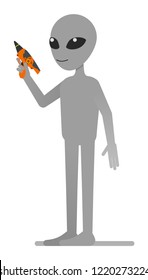 Alien with a laser gun. Vector illustration, flat design style. Isolated on a white background.
