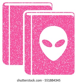 Alien Library grainy textured icon for overlay watermark stamps. Flat symbol with scratched texture. Dotted vector pink ink rubber seal stamp with grunge design on a white background.