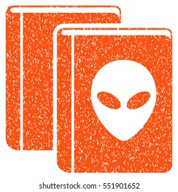 Alien Library grainy textured icon for overlay watermark stamps. Flat symbol with dirty texture. Dotted vector orange ink rubber seal stamp with grunge design on a white background.