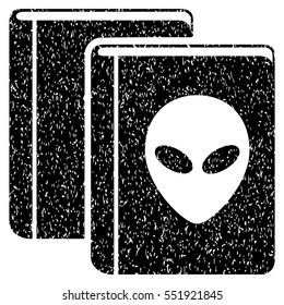 Alien Library grainy textured icon for overlay watermark stamps. Flat symbol with dust texture. Dotted vector black ink rubber seal stamp with grunge design on a white background.