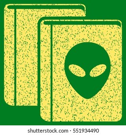 Alien Library grainy textured icon for overlay watermark stamps. Flat symbol with dirty texture. Dotted vector yellow ink rubber seal stamp with grunge design on a green background.