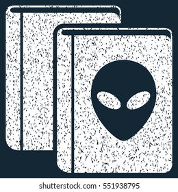 Alien Library grainy textured icon for overlay watermark stamps. Flat symbol with unclean texture. Dotted vector white ink rubber seal stamp with grunge design on a dark blue background.