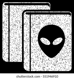Alien Library grainy textured icon for overlay watermark stamps. Flat symbol with dirty texture. Dotted vector white ink rubber seal stamp with grunge design on a black background.