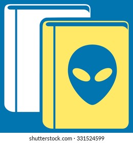 Alien Library vector icon. Style is flat bicolor yellow and white symbol, rounded angles, blue background.