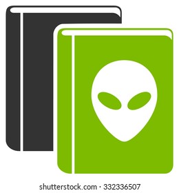 Alien Library vector icon. Style is flat bicolor eco green and gray symbol, rounded angles, white background.
