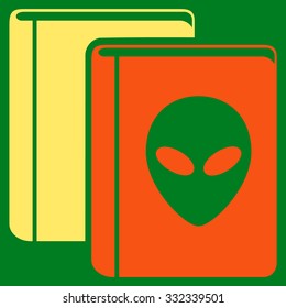 Alien Library vector icon. Style is flat bicolor orange and yellow symbol, rounded angles, green background.