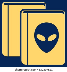 Alien Library vector icon. Style is flat yellow symbol, rounded angles, blue background.