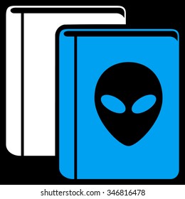Alien Library vector icon. Style is flat bicolor blue and white symbol, rounded angles, black background.