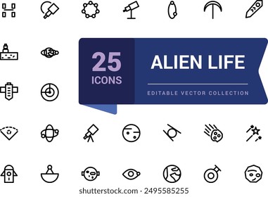 Alien life icon set. Space exploration icon set with astronaut, rocket, spacecraft, satellite, mars, mining, interstellar, galaxy and universe.