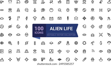 Alien life icon set. Space exploration icon set with astronaut, rocket, spacecraft, satellite, mars, mining, interstellar, galaxy and universe.