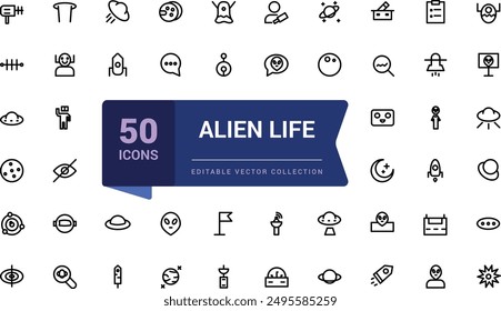 Alien life icon set. Space exploration icon set with astronaut, rocket, spacecraft, satellite, mars, mining, interstellar, galaxy and universe.