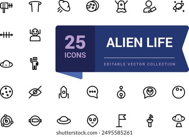 Alien life icon set. Space exploration icon set with astronaut, rocket, spacecraft, satellite, mars, mining, interstellar, galaxy and universe.