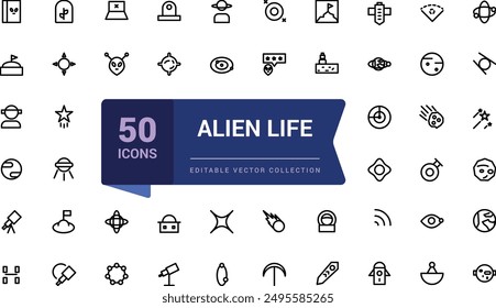 Alien life icon set. Space exploration icon set with astronaut, rocket, spacecraft, satellite, mars, mining, interstellar, galaxy and universe.