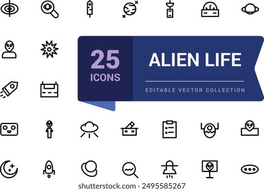 Alien life icon set. Space exploration icon set with astronaut, rocket, spacecraft, satellite, mars, mining, interstellar, galaxy and universe.