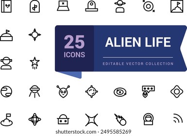 Alien life icon set. Space exploration icon set with astronaut, rocket, spacecraft, satellite, mars, mining, interstellar, galaxy and universe.