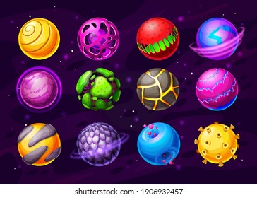 Alien life planets, fantasy space worlds cartoon icons. Colorful fantastic planets or asteroids with different surface, live core, lava and craters vector. User interface UI or GUI design elements set