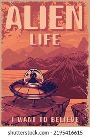 Alien Life Poster Vintage bunter fliegender Untertasse mit Martian auf der Oberfläche des roten heißen Planeten Grunge Stil Vektorgrafik