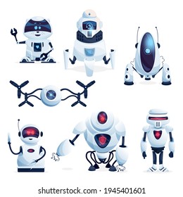 Alien life robots, future drones and android cartoon characters. Cute robotic raccoon, flying droids and sci-fi machines with artificial intelligence, scary cyborgs with glowing red eyes vector