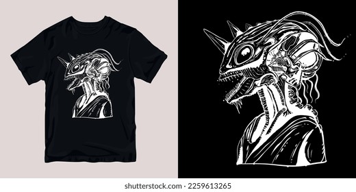 alien line art t-shirt stylish and clothing printable trendy tshirt design. print, industrial products. global swatch.