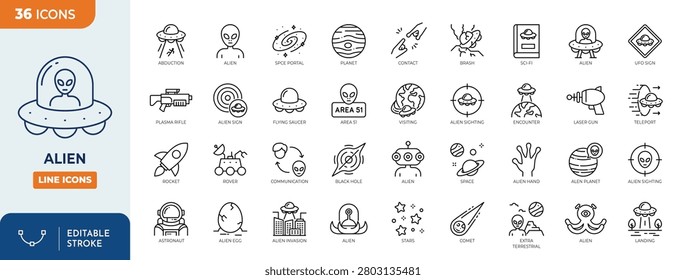 Alien line editable icon set. containing aline, Spaceship, Flying Saucer, UFO, Astronaut, Rocket, Planet, Invasion, Sci-Fi Space, and more. Editable stroke. Vector illustration