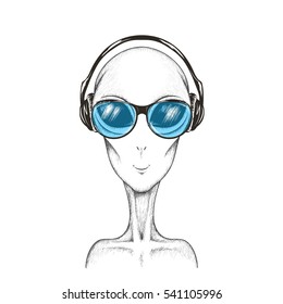 Alien listening a music.Hand drawn vector illustration