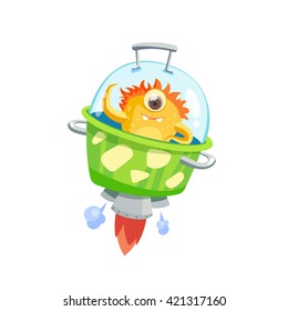 Alien or little monster on a kitchen. Alien flies in a spaceship in a form of pot. Vector, illustration