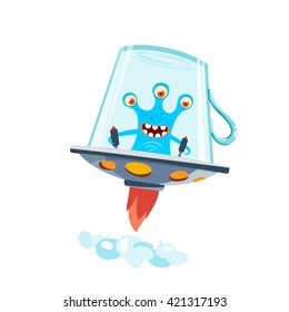Alien or little monster on a kitchen. Alien flies in a spaceship in a form of cup. Vector, illustration