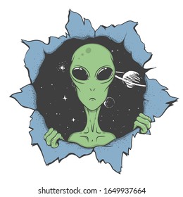 alien looking to us from the hole of space. Vector illustration.Color version
