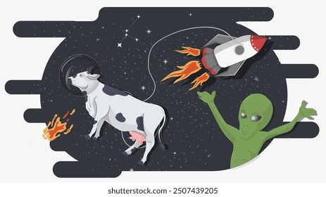 An alien looks at a cow flying on a cable in space, flat childrens doodles