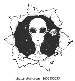 The alien looks out from the hole of space. Vector illustration