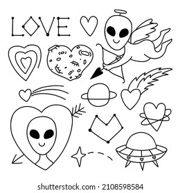 Alien love in doodle style.  Contour vector drawing of a UFO. Romantic clipart, valentine, graphics symbol of love, extraterrestrial set