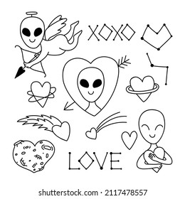 Alien love in doodle style.  Contour vector drawing of space elements. Romantic clipart, valentine, graphics symbol of love, extraterrestrial set