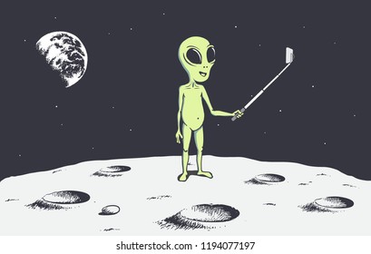 alien make selfie on the Moon.Space theme.Vector illustration