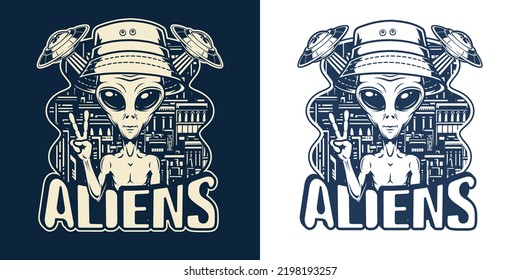 Alien man monochrome vintage emblem portrait friendly humanoid from space standing in front of city buildings and UFO vector illustration