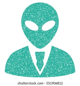 Alien Manager grainy textured icon for overlay watermark stamps. Flat symbol with scratched texture. Dotted vector cyan ink rubber seal stamp with grunge design on a white background.