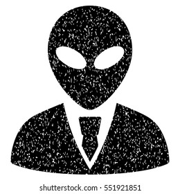 Alien Manager grainy textured icon for overlay watermark stamps. Flat symbol with unclean texture. Dotted vector black ink rubber seal stamp with grunge design on a white background.