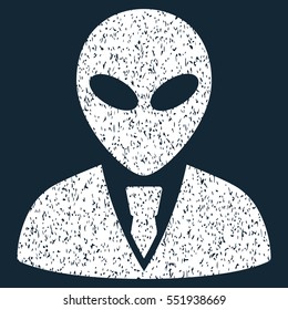 Alien Manager grainy textured icon for overlay watermark stamps. Flat symbol with unclean texture. Dotted vector white ink rubber seal stamp with grunge design on a dark blue background.