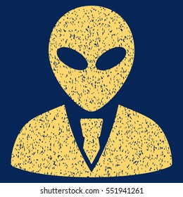 Alien Manager grainy textured icon for overlay watermark stamps. Flat symbol with dirty texture. Dotted vector yellow ink rubber seal stamp with grunge design on a blue background.
