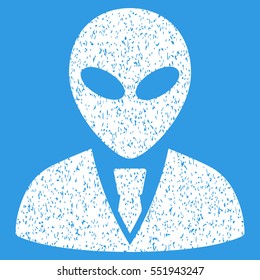 Alien Manager grainy textured icon for overlay watermark stamps. Flat symbol with unclean texture. Dotted vector white ink rubber seal stamp with grunge design on a blue background.