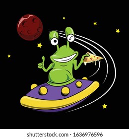 alien from Mars flying on space ship holding a piece of pizza and showing his tumb