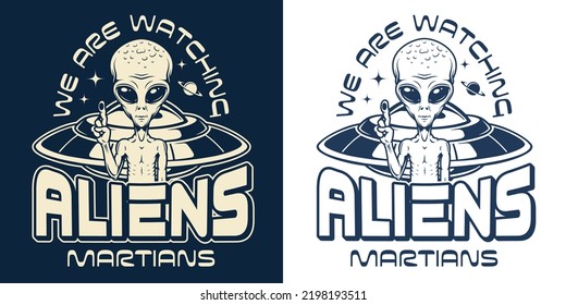 Alien Martian Element monochrome Vintage steht vor fliegenden Untertassen und sieht anderen Zivilisationen zu, die in Universum-Vektorgrafik leben