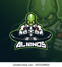 alien mascot logo design vector with modern illustration concept style for badge, emblem and tshirt printing. smart alien illustration with ufo.