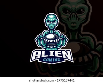 Alien mascot sport logo design. UFO and aliens mascot vector illustration logo. unidentified flying object, Emblem design for esports team. Vector illustration