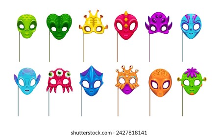 Alien masks with props for kids party, avatar or photo booth, vector cartoon faces. Extraterrestrial creatures, monsters and humanoid mutants or galaxy slugs with horns and reptiles for photo booth