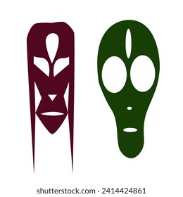 Alien masks. Vector illustration of alien faces. Sketch of logos. Isolated on white background.