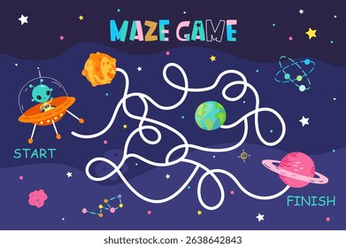 Alien maze game. Help ufo person in spaceship find right way to home planet. Preschool children educational development play, nowaday vector space location
