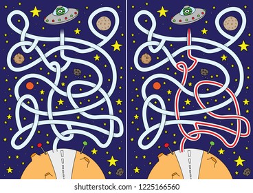 Alien maze for kids with a solution