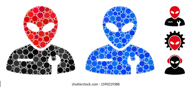 Alien mechanic composition of circle elements in various sizes and color tints, based on alien mechanic icon. Vector circle elements are organized into blue collage.