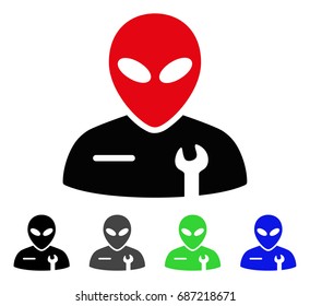 Alien Mechanic flat vector illustration. Colored alien mechanic gray, black, blue, green pictogram variants. Flat icon style for graphic design.